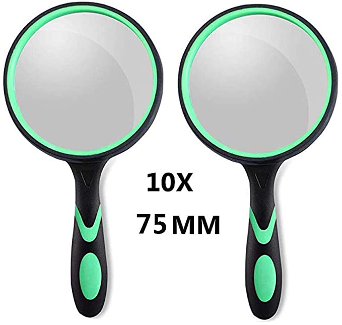 2Pack Magnifying Glass 10X, 75MM Large Magnifying Lens,Non-Slip Magnifying Glass Toy for Kids Toddler,Handled Magnifying Glass for Reading,Close Work,Insect,Science,Hobby Observation (Green 75MM)