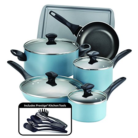 Farberware 15 Piece Dishwasher Safe Nonstick Cookware Set, Aqua