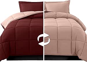 Elegant Comfort 3-Piece Reversible Comforter Set, All Season Cozy, Soft Down Alternative, Quilted - Box Stitched - Duvet Insert with 4 Corner Tabs, Comforter with Shams, Twin XL, Burgundy/Dusty Rose