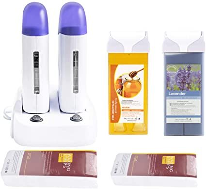 Double Depilatory Roll on Wax Heater Roller Warmer Cartridge Strips Hair Removal Kit with ON/Off Switch (Honey & Lavender Wax & 200 Paper)