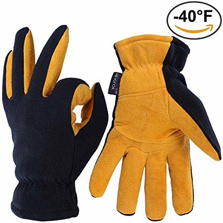 Winter Gloves, OZERO -40ºF Cold Proof Thermal Glove - Deerskin Suede Leather Palm and Polar Fleece Back with Heatlok Insulated Cotton Layer - Keep Warm in Cold Weather - Denim/Tan/Gray (S/M/L/XL)