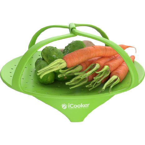 iCooker Vegetable Steamer [Heat Resistant] - Premium Quality Silicone Steamer Microwave Basket For Healthy Cooking - Best Steaming Bowl Pot With Locking Handles (Green)