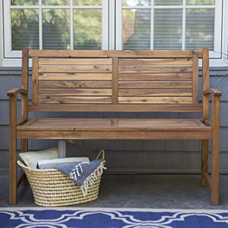 Contemporary 4 ft. Horizontal Slat Back Outdoor Garden Bench Made Of Premium Acacia Wood With Slightly Curved Arms In Natural Acacia Wood Finish, 600 pounds weight capacity - Assembly Required