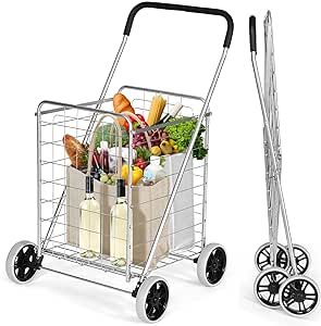 COSTWAY Shopping Cart with Wheels, Folding Grocery Cart with Metal Frame, Foam Wrapped Handle, Versatile Rolling Cart with Basket, Lightweight Compact Utility Cart for Groceries, Laundry (Silver)