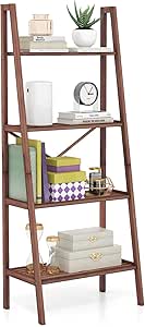 Giantex 4-Tier Bamboo Bookshelf, Indoor Free Standing Plant Stand Display Rack w/Anti-Tipping Device, Corner Bamboo Ladder Shelf for Small Space, Living Room, Kitchen, Bedroom, Office, Walnut