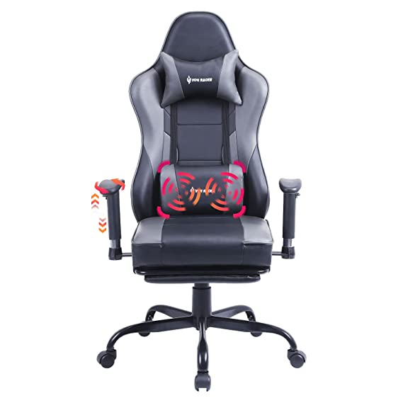 VON RACER Massage Gaming Chair with Footrest - Racing Desk Office Chair with Retractable Footrest and 2D Armrests, High Back Ergonomic Leather Computer Chair(Grey)
