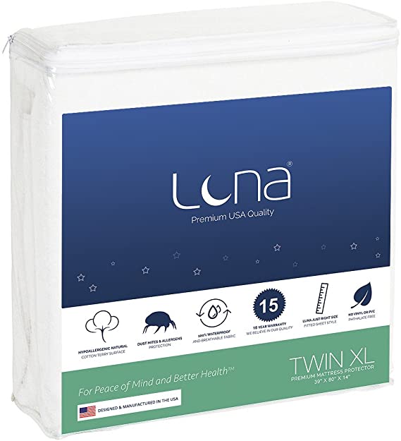 Luna Twin Extra Long (XL) Size Premium Hypoallergenic Waterproof Mattress Protector - Made in The USA - Vinyl Free