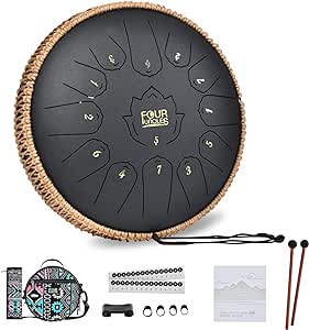 FOUR UNCLES Steel Tongue Drum 12 Inch 13 Notes Hand Pan Drums with Travel Bag Sticks Music Book Mallets, C Major Musical Instruments for Entertainment Meditation Yoga Zen Gifts (Obsidian)