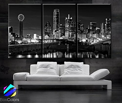 Large 30"x 60" 3 Panels 30"x20" Ea Art Canvas Print Beautiful Dallas Tx Skyline Black & White Wall Home (Included Framed 1.5" Depth)