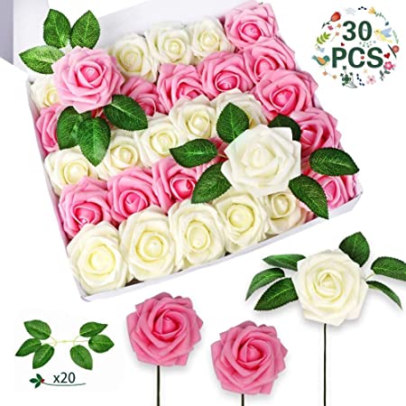 OurWarm 30pcs Artificial Flowers Decor Fake Foam Roses with Stems for Home Mother's Day DIY Wedding Bouquets Garden Table Decorations, Real Touch Blush Pink & Off White