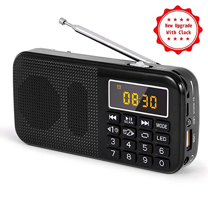 PRUNUS J-725C Small Portable FM Radio with Alarm Clock and Emergency Flashlight, Micro-SD/TF/USB/AUX MP3 Music Player, 3000mAh Rechargeable Battery Operated(Black)