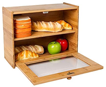 INDRESSME Bamboo 2- Layer Large Capacity Bread Box - Countertop Bread Storage Bread Holder Bread Boxes for Kitchen Counter Retro Bread Bin with Transparent Window