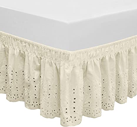 QSY Home Wrap Around Elastic Eyelet Bed Skirts 14 1/2 Inches Drop Dust Ruffle Three Fabric Sides Easy On/Easy Off Adjustable Polyester Cotton(Ivory Queen/King)