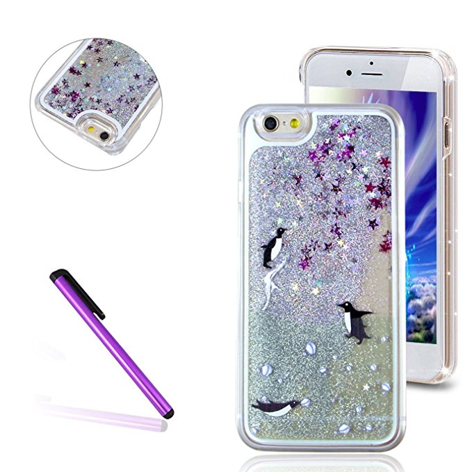 iPhone 5S Case iPhone SE Case, EMAXELER 3D Brilliant Luxury Bling Glitter Liquid Floating Angle Girl Moving Hard Protective Case for Apple iPhone 5/5S   Stylus Pen sliver Three Penguins)