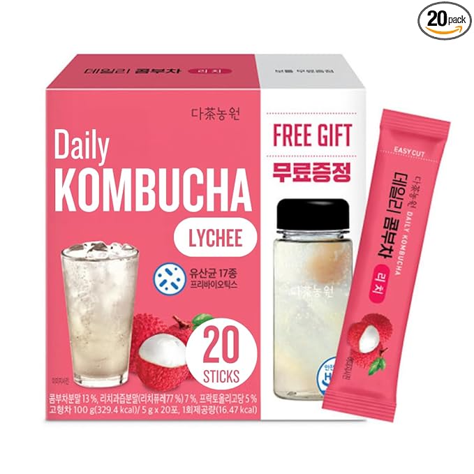 Garden Kombucha Tea, Powder 5g x 20 Sachets (100g/3.52oz) Probiotics, Prebiotics, Sugar Free, Black Tea, Healthy Drink with Bottle (FREE BOTTLE SHAKER) (Lychee)