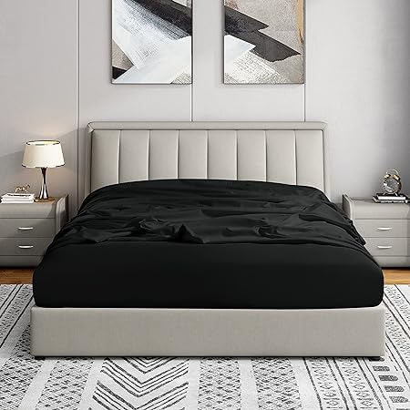 Cathay Home Full Fitted Sheet - Double Brushed Ultra Soft – Wrinkle & Fade Resistant - 14" Standard Pocket Fitted Sheet Only - Custom Fit for 12"-16" Deep Mattress (Full, Black)