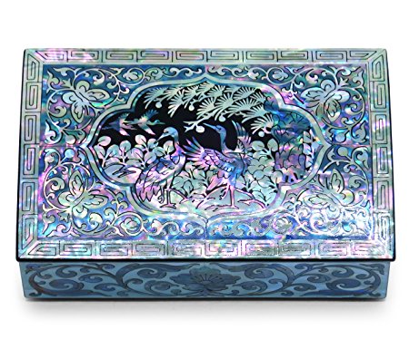 Jewelry Trinket Box Mother of Pearl Inlay Lacquered Cranes