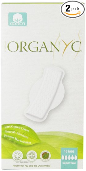 ORGANYC Hypoallergenic 100% Organic Cotton Pads with Wings, Super Flow & Maternity, 10-count Boxes (Pack of 2)