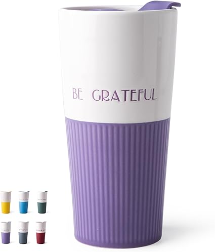 AmorArc Ceramic Double Wall Coffee Travel Mug with Lid, 12 oz Insulated Reusable Tall Cup, Splash-Resistant Slider - for Car Cup Holder, Microwave& Dishwasher Safe, Purple