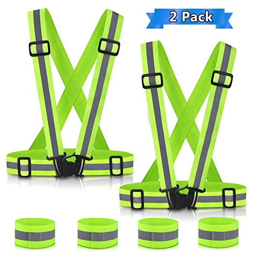 Reflective Vest (2 Pack) for Running or Cycling, Aiskki Safety Vest Outdoor reflective running gear, Lightweight | Adjustable Comfy | High Visibility   4 Reflective Wristbands