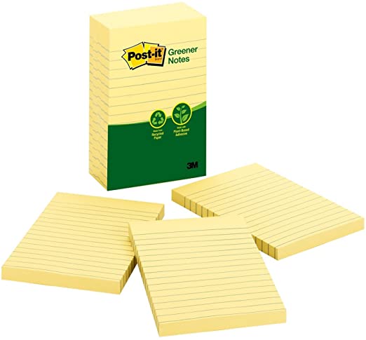 Post-it Greener Notes, 4x6 in, 5 Pads, America's #1 Favorite Sticky Notes, Canary Yellow, Clean Removal, 100% Recycled Material (660-5RP)