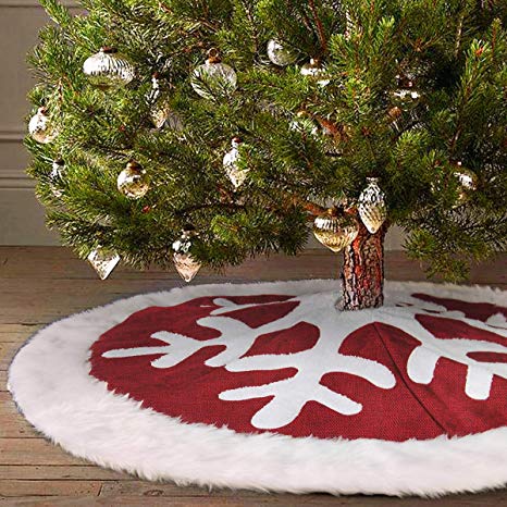 Ivenf 48" Luxury Red Burlap Snowflake Christmas Tree Skirt with White Thick Plush Faux Fur Trim, Rustic Xmas Tree Holiday Decorations