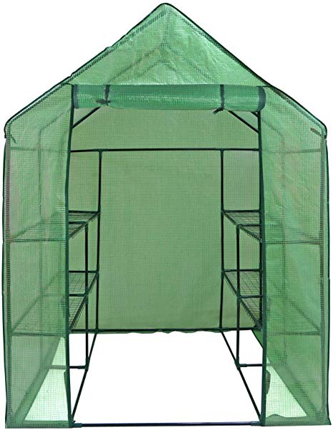 ZENY Mini Walk-in Greenhouse with PE Cover Portable Plants Flower Garden House Indoor Outdoor 2 Tiers 8 Shelves and Roll-up Zipper Door 57"(L) x 57"(W) x 77"(H)