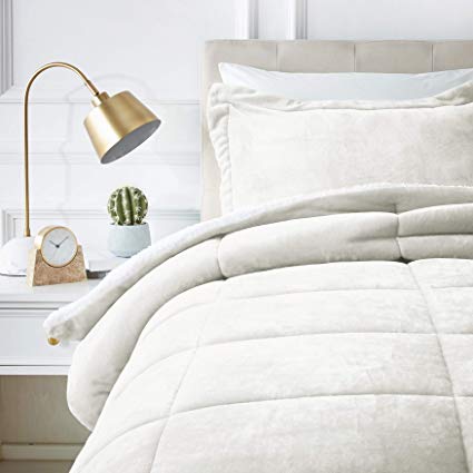 AmazonBasics Micromink Sherpa Comforter Set - Ultra-Soft, Fray-Resistant -  Twin, Cream