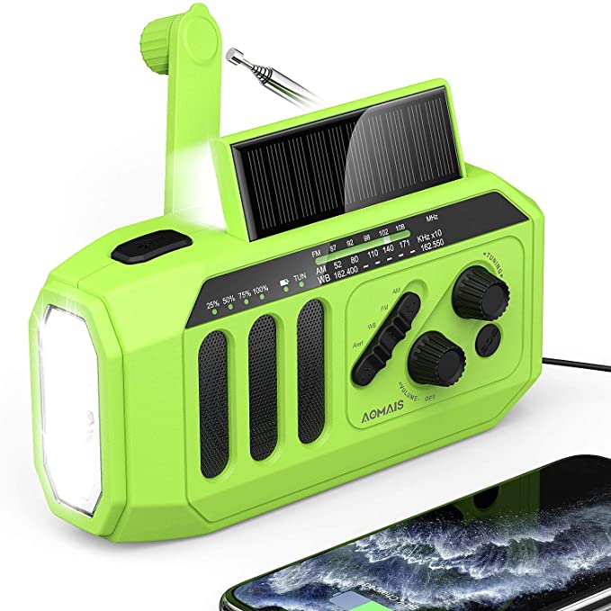 AOMAIS Emergency Radio, 5000mAh Weather Radio, Solar Hand Crank, NOAA/AM/FM Portable Radio with 3W LED Flashlight/Reading Lamp, Cell Phone USB Type C Power Charger, Indoor and Outdoor, SOS Alarm