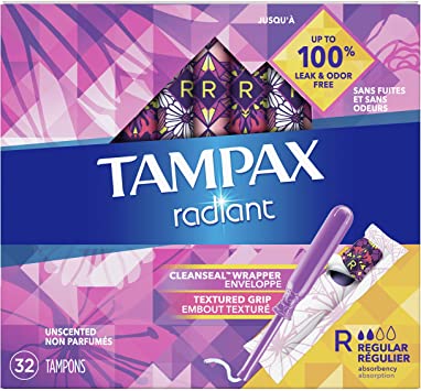 TAMPAX Radiant, Regular, Plastic Tampons, Unscented, 32 Count