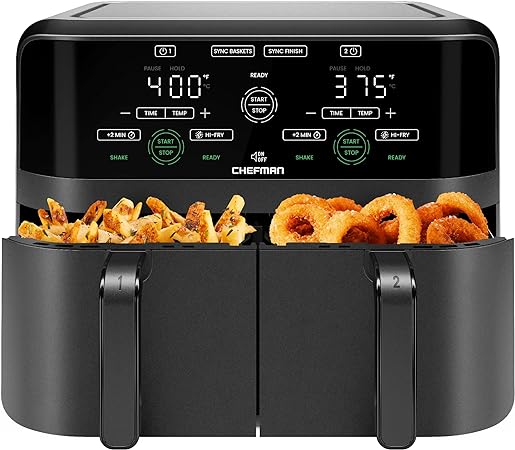 CHEFMAN 6-Quart Dual Air Fryer with 2 Baskets, Digital Touchscreen Double Air Fryer Oven, 2 Independent 3Qt Nonstick Dishwasher-Safe Frying Baskets, Sync Finish, Hi-Fry, Automatic Shutoff, Black