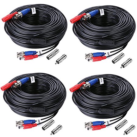 SANNCE® 4 Pack 30M 100 Feet BNC Video Power Cable Security Camera Cable for CCTV Surveillance DVR System Installation, Free BNC RCA Connector Included