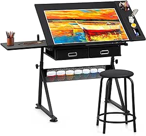 ZENY Adjustable Drafting Table with Drafting Stool Drawing Desk Artist Table Tilted Tabletop and 2 Storage Drawers, Art Craft Workstation for Home Offic Reading, Writing, Crafting, Drawing (Black)