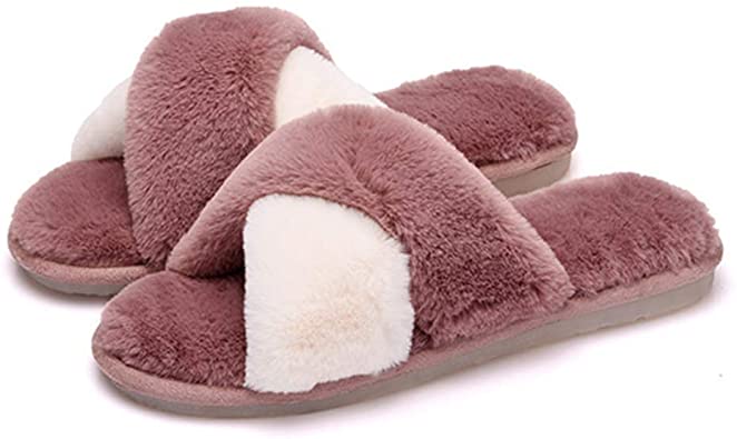 ACEVOG Women's Fuzzy Fluffy Comfy Anti-Slip Cross Band Slippers Open Toe Soft Warm House Slipper Indoor or Outdoor Cozy Plush Sandals Slides