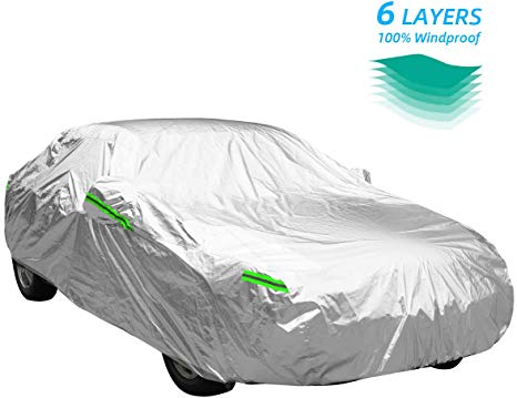 WOKOKO Car Cover for Sedan, 6 Layers Universal Car Cover All Weather Windproof Snow-Proof Dust-Proof Scratch Resistant UV Protection Full Car Cover Fit for Sedan L(167''-191'')