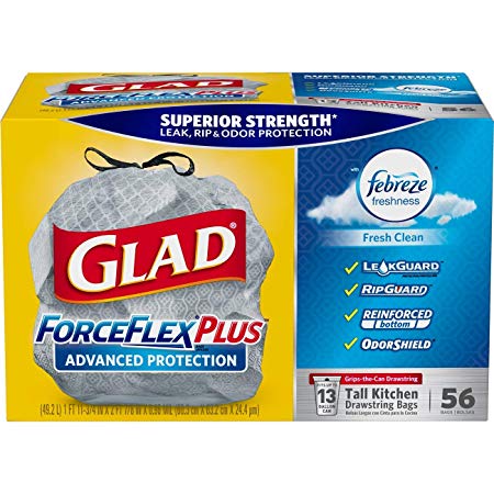 Glad ForceFlexPlus Advanced Protection Tall Kitchen Drawstring Trash Bags - Febreze Fresh Clean -13 Gallon - 56 Count (Packaging May Vary)