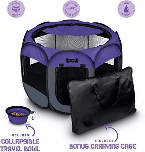 Ruff 'n Ruffus Portable Foldable Pet Playpen   Carrying Case & Collapsible Travel Bowl | Indoor / Outdoor use | Water resistant | Removable shade cover | Dogs / Cats / Rabbit | Available In 3 Sizes