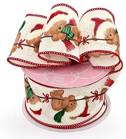 Christmas Teddy Bear Wired Ribbon - 2 1/2" x 10 Yards, Santa Hat Bear, Garland, Gifts, Wrapping, Wreath, Bows, Presents, Fundraiser, Boxing Day, Classroom, Office, Cute Christmas Decoration