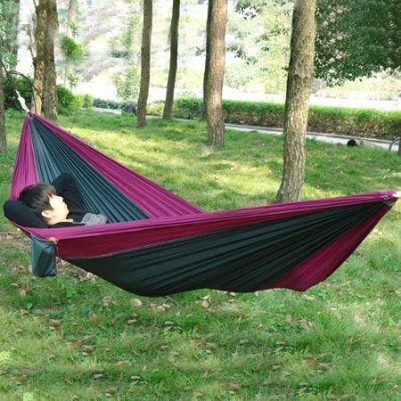 Yosoo Ultralight Hammock Travel Camping Outdoor Nylon Fabric Hammock Parachute Bed for Double Two Person with Free Ropes High Quality (Purple   Dark Green)