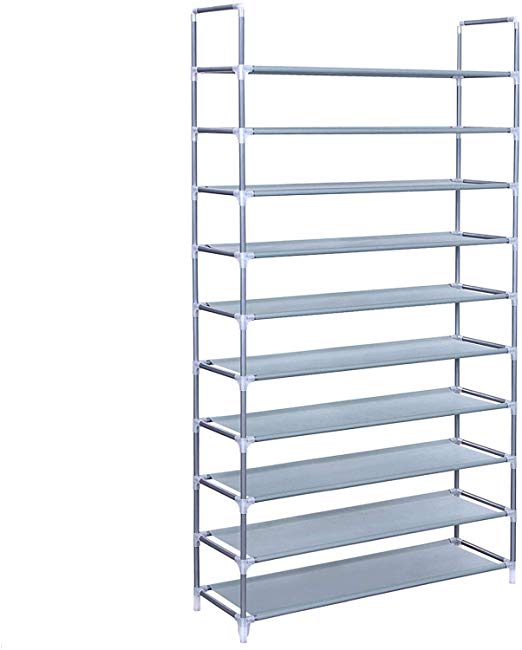 Simple Assembly 10 Tiers 60 Pairs Non-Woven Fabric Shoe Rack with Handle Tower Storage Organizer Cabinet Adjustable Shoes Shelf Tower Metal Tall for Closet with Spare Parts,DIY (Gray)