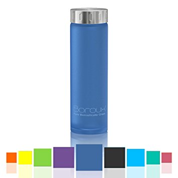 Boroux Spectrum .5 Liter pure Borosilicate glass water bottle with exclusive sleeve-less protection in 10 colors from Silikote, a silicone bonded directly to the glass
