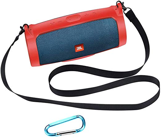Esimen Silicone Case for JBL Charge 4 Bluetooth Speaker Cover with Shoulder Strap and Carabiner (Red)