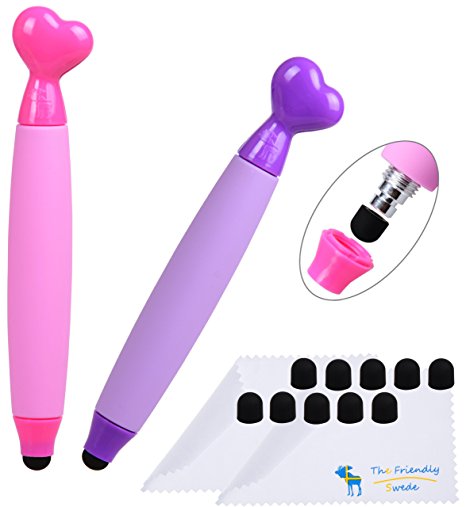 Stylus for Kids - Bundle of 2 Heart Shaped Cute Fun and Colorful Capacitive Touch Screen Pens with Replaceable Tips - for Boys and Girls - Specially Designed for Children - 10 Replacement Tips Included - CE and RoHs Certified for Your Safety (Pink   Purple)