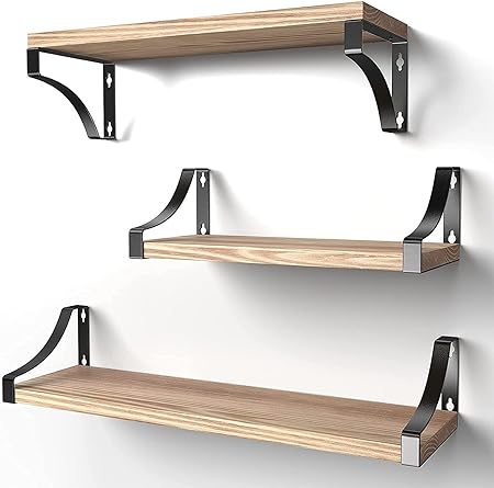 Floating Shelves Wood Wall Mounted Shelf, Rustic Shelves Set of 3, 20kg Weight Capability, Solid Metal Wall Shelf for Bedroom, Bathroom, Living Room, Kitchen, Home Office, Laundry Room