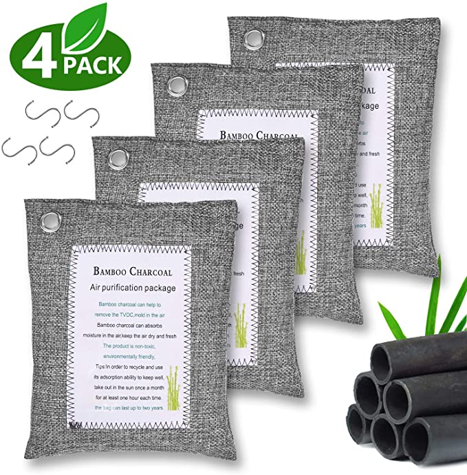 Bamboo Charcoal Air Purifying Bags (4 Pack - 4x200g) with 4 Hooks, Natural Charcoal Bags Odor Absorber for Home and Car (Pet Friendly)