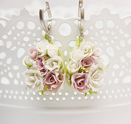 0001 HANDMADE Earrings with flowers rose of polymer clay, white flowers, wedding jewelry, shades of white and pink flowers, wedding earrings, flowers rose