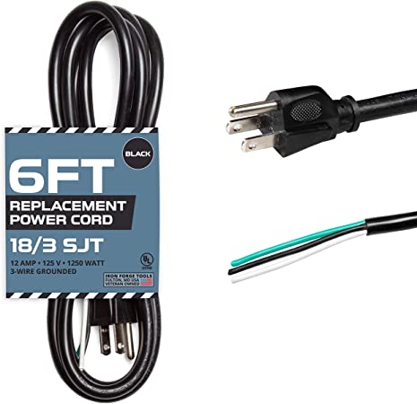 18 AWG Replacement Power Cord with Open End - 6 Ft Black Extension Cable, 18/3 SJT, NEMA 5-15P