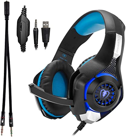 Gaming Headset, Beexcellent GM-1 3.5mm Surround Sound Gaming Headset with Microphone for PS4, Xbox, PC, Laptop, Tablet, Cell Phone, LED Lights (Blue)