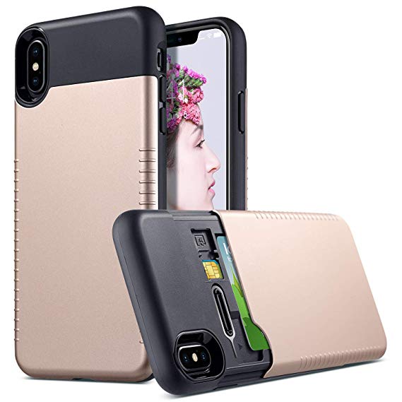 ULAK Xs Max Card Case, Slim Stealth Wallet Case for iPhone Xs Max 6.5'' (2018) Hidden Credit/ID Card Holder SIM Card Slots Anti-Slip Hybrid TPU Bumper Protective Cover (Gold   Black)
