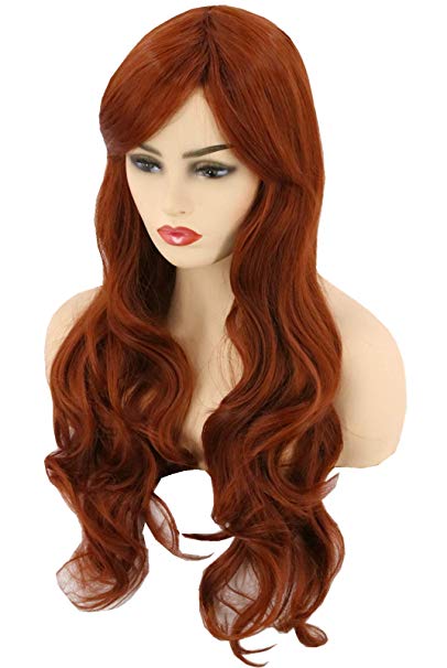 Topcosplay Women's Hair Wigs Auburn Brown Long Deep Wave Cosplay Halloween Costume Party Wigs(Dark Red)